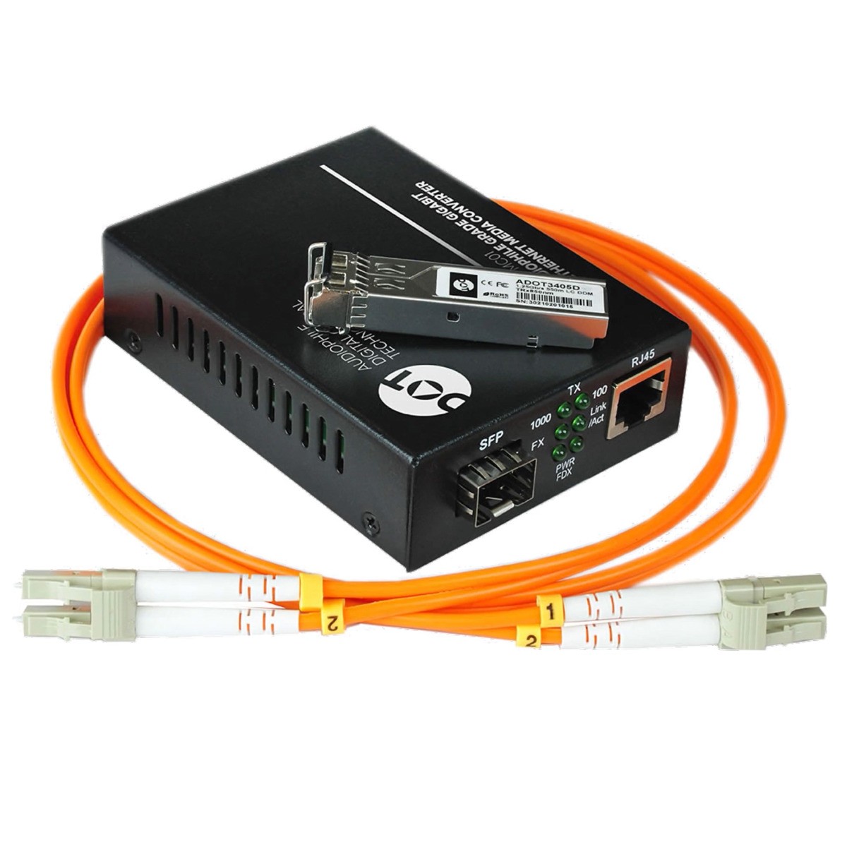 ADOT MC01 fibre optic media converter kit showing the converter unit, SFP adaptors, and fibre optic cable