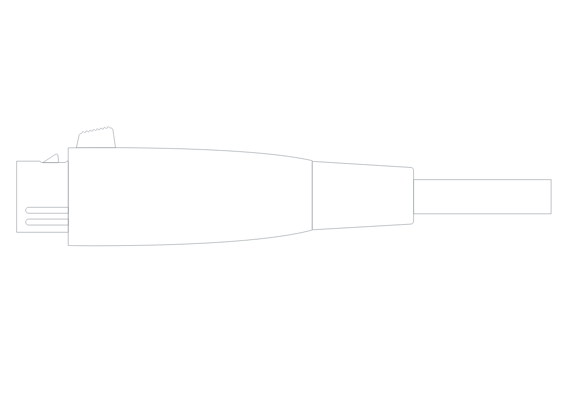 Atlas copper alloy-bodied XLR plug line drawing, side view of the connector and cable as fitted to the Element XLR R1 Atlas copper alloy-bodied XLR plug line drawing, side view of the connector and cable as fitted to the Element XLR R1