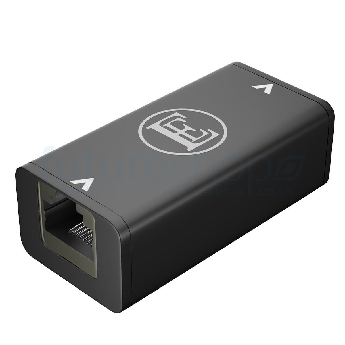English Electric EE1 network noise isolator front view showing compact aluminium casing and Ethernet ports
