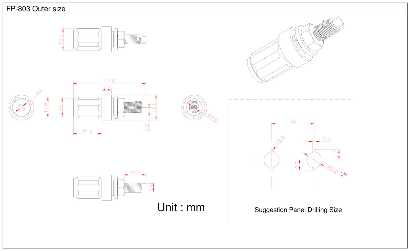 Furutech FP-803 outer size and panel drilling drawing Furutech drawing of the FP-803 binding post in millimetres, with side and end views and suggested panel drilling size