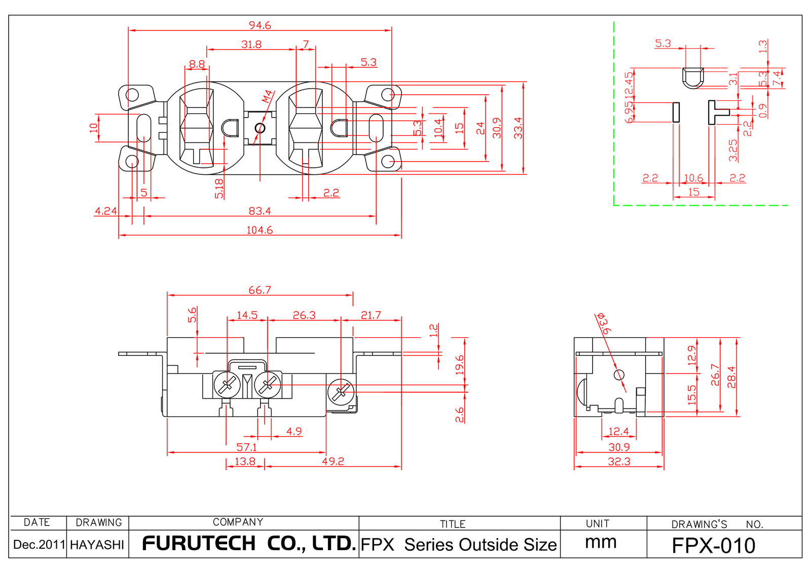 Furutech FPX series outside dimensions drawing Furutech dimension drawing of the FPX series duplex receptacle in millimetres, with front, side and end views