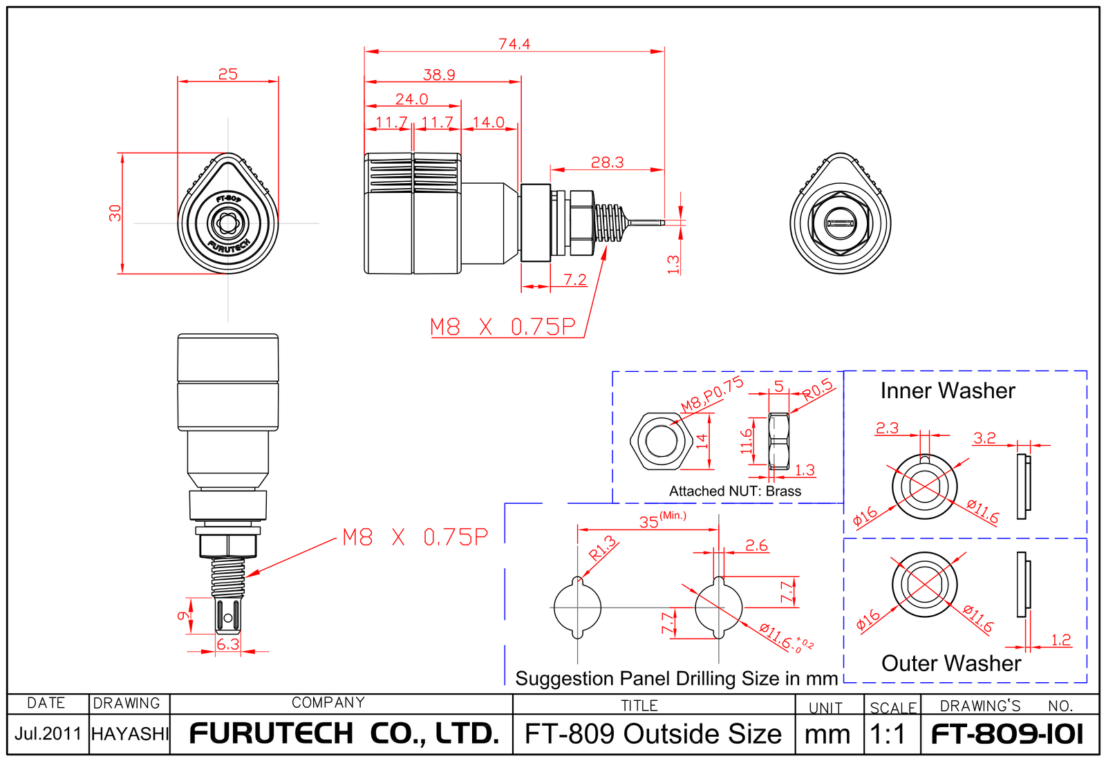 Furutech FT-809 outside size and panel drilling drawing Furutech drawing of the FT-809 binding post in millimetres, with nut, washers and suggested panel drilling size