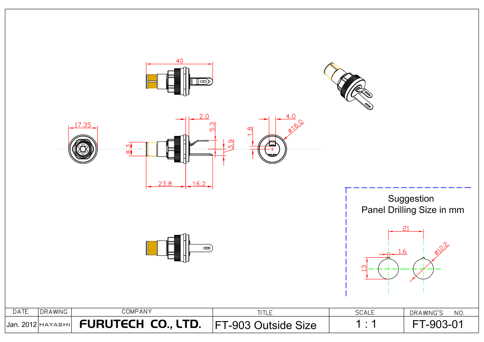 Furutech FT-903 outside dimensions drawing Furutech dimension drawing of the FT-903 RCA socket in millimetres, with suggested panel drilling sizes