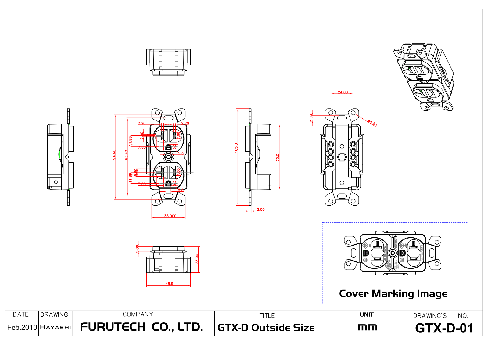 Furutech GTX-D outside dimensions drawing Furutech dimension drawing of the GTX-D duplex receptacle in millimetres, with front, side, rear and top views