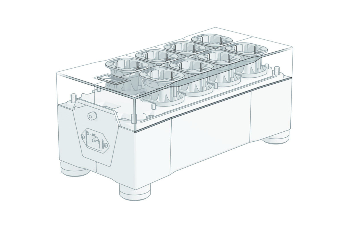 NCF Power Vault-E internal layout See-through drawing of the Furutech NCF Power Vault-E showing its eight Schuko sockets, braces and IEC inlet