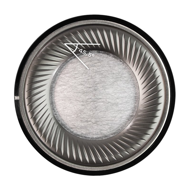 Meze Audio 105 SILVA torus groove angle Drawing of the 105 SILVA driver with the torus grooves marked at a 45.5 degree angle