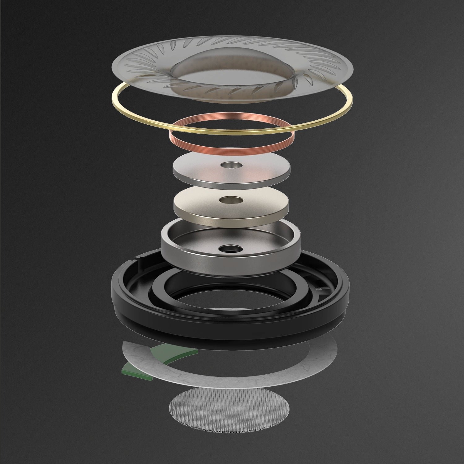 99 Classics 2nd Gen driver assembly, exploded view Exploded view of the 99 Classics 2nd Gen 40mm dynamic driver and the acoustic layers in front of and behind it
