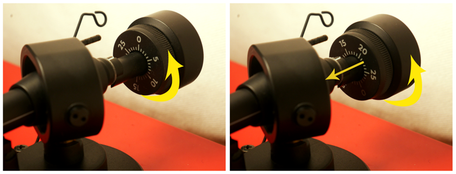 Tonearm counterweight scale showing how to read the VTF setting in grams or millinewtons once the arm is balanced