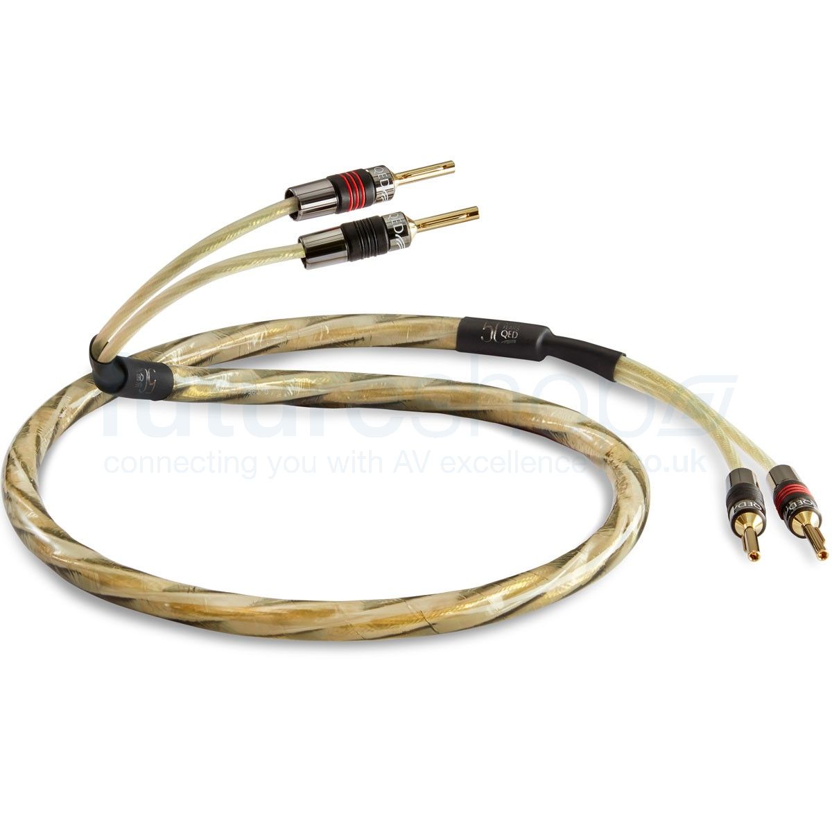 QED Golden Anniversary XT speaker cable showing braided jacket and AIRLOC Forté banana plug termination