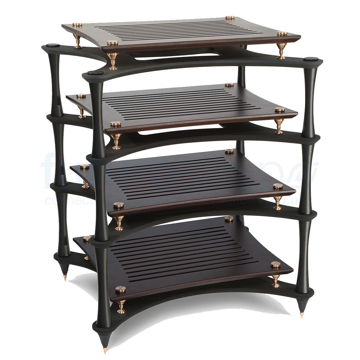 Quadraspire X-Reference hi-fi rack in dark bamboo finish showing bronze spike feet and open x-shaped bases