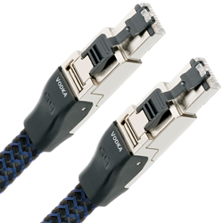 AudioQuest Vodka RJ/E Ethernet cable showing 10% solid silver conductor construction and woven jacket
