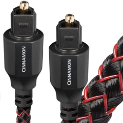 AudioQuest Cinnamon digital optical cable showing Higher-Purity Fibers and black red woven weave jacket