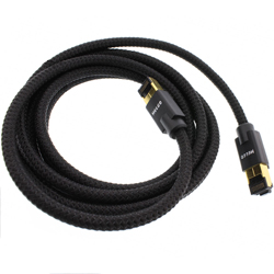 Melco C1AE CAT7 double-shielded audio Ethernet cable showing patented latch and flexible woven integrity jacket