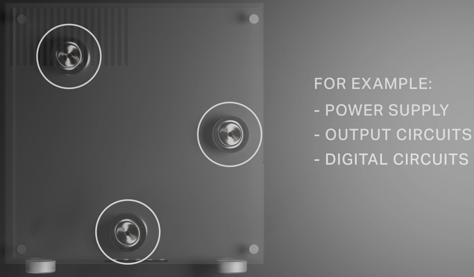 Node Audio SS1 positioning diagram showing recommended placement under power supply, output circuits, and digital circuits of an amplifier