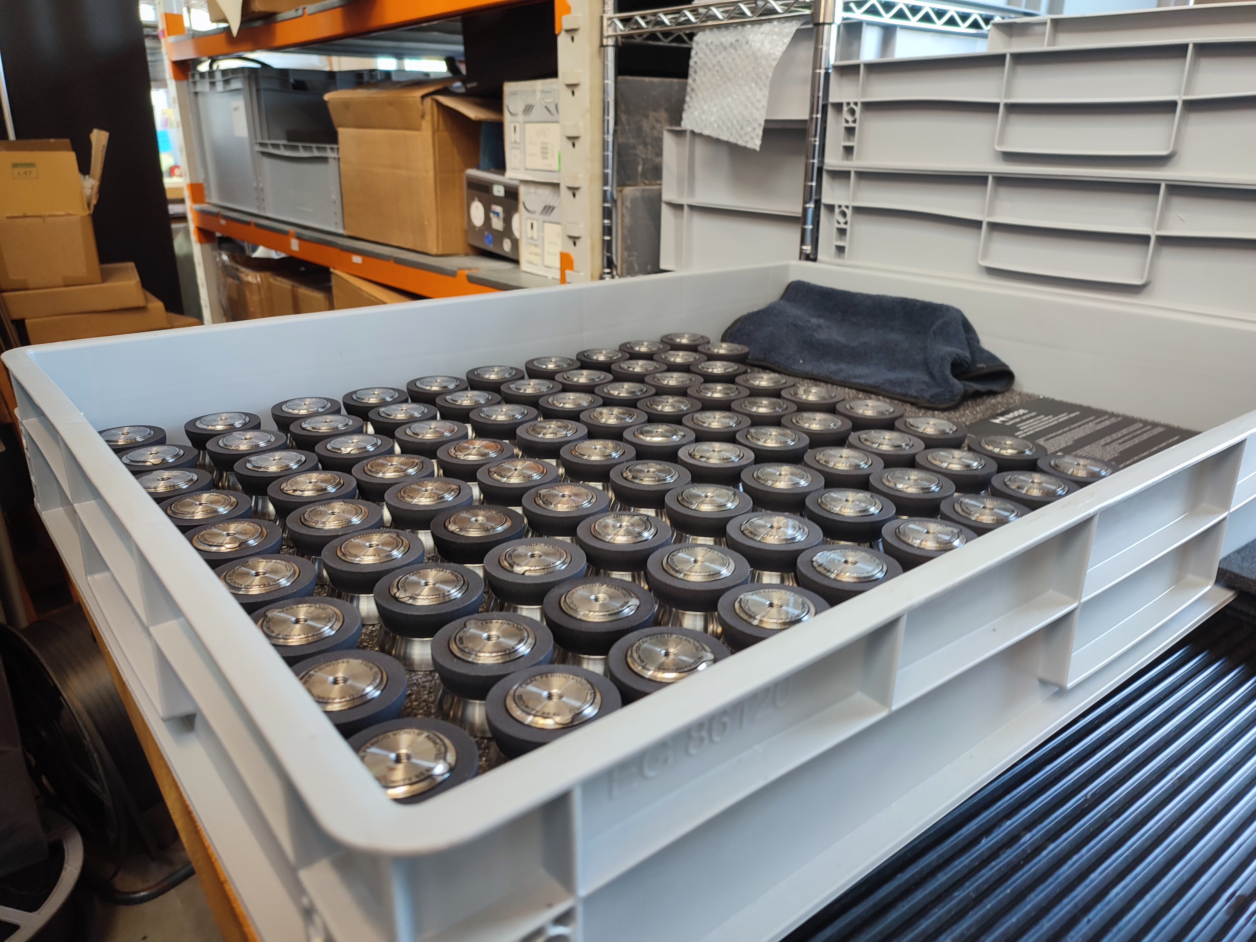 Node Audio SS1 isolation pucks on the production line at the Cambridge manufacturing facility