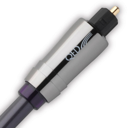 QED Performance Graphite Toslink digital optical audio cable showing PMMA acrylic glass fibre and graphite housing