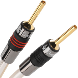 QED XT40i speaker cable showing X-Tube technology cross-section and custom banana plug termination