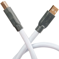Supra USB 2.0 Type A to Type B audio cable showing dual-screen shielded construction and gold-plated connectors