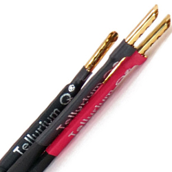 Tellurium Q Black II speaker cable factory-terminated showing Tellurium Q branding and phased conductor geometry